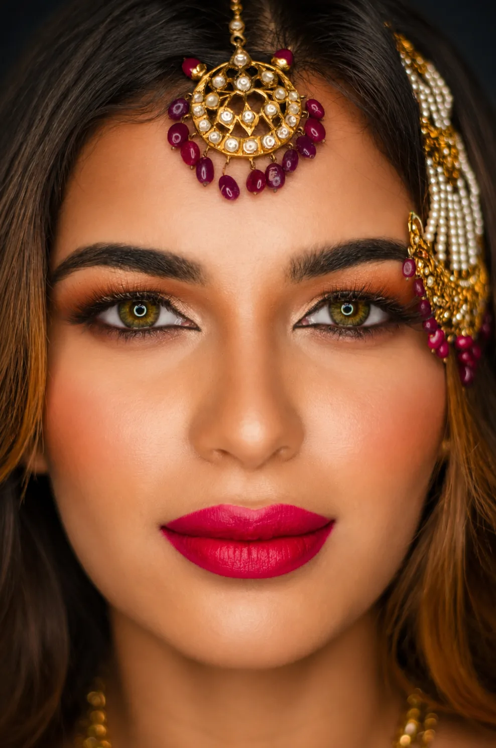 Asian bridal makeup by MZ Makeup - bold bronze smoky eye, fuchsia lip and gold maang tikka headpiece