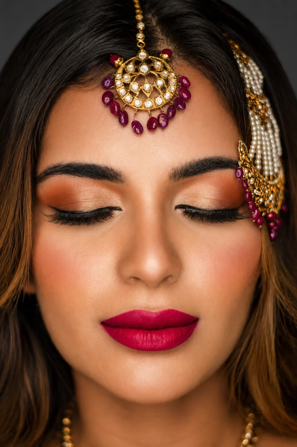 Asian bridal makeup eyes closed - amber bronze smoky eye, fuchsia lip and pearl hair accessory by MZ Makeup