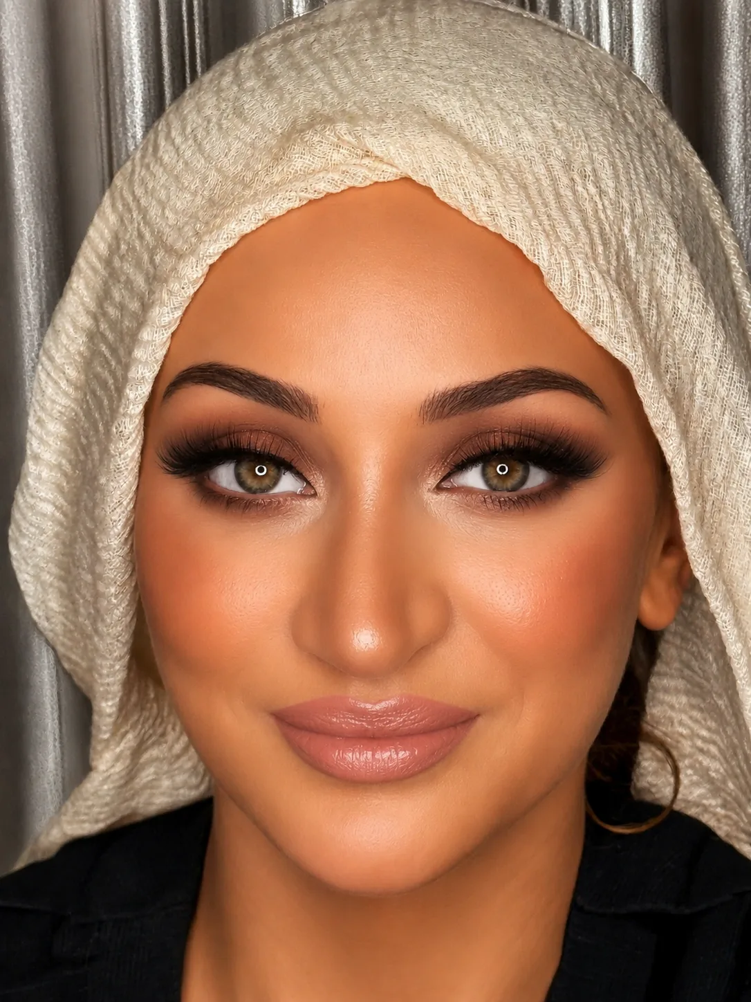 Bridal makeup by MZ Makeup - warm brown smoky eye, taupe lip and cream headscarf