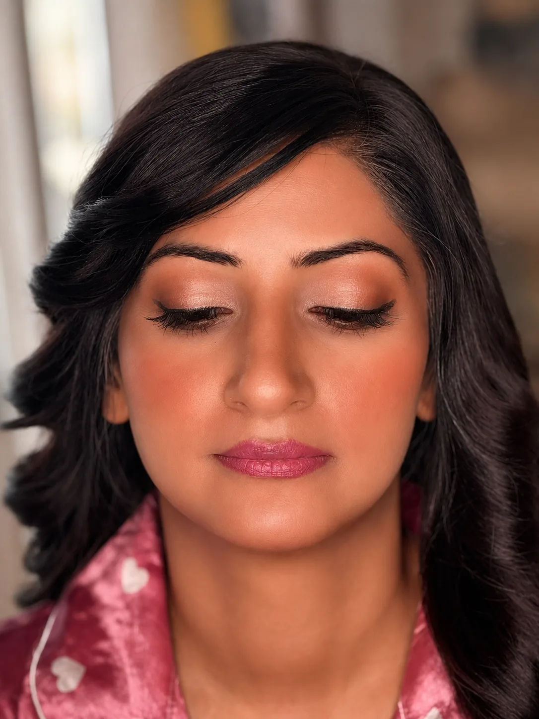 Bridal makeup eyes closed - warm copper shadow and berry-pink lip by MZ Makeup Bedfordshire
