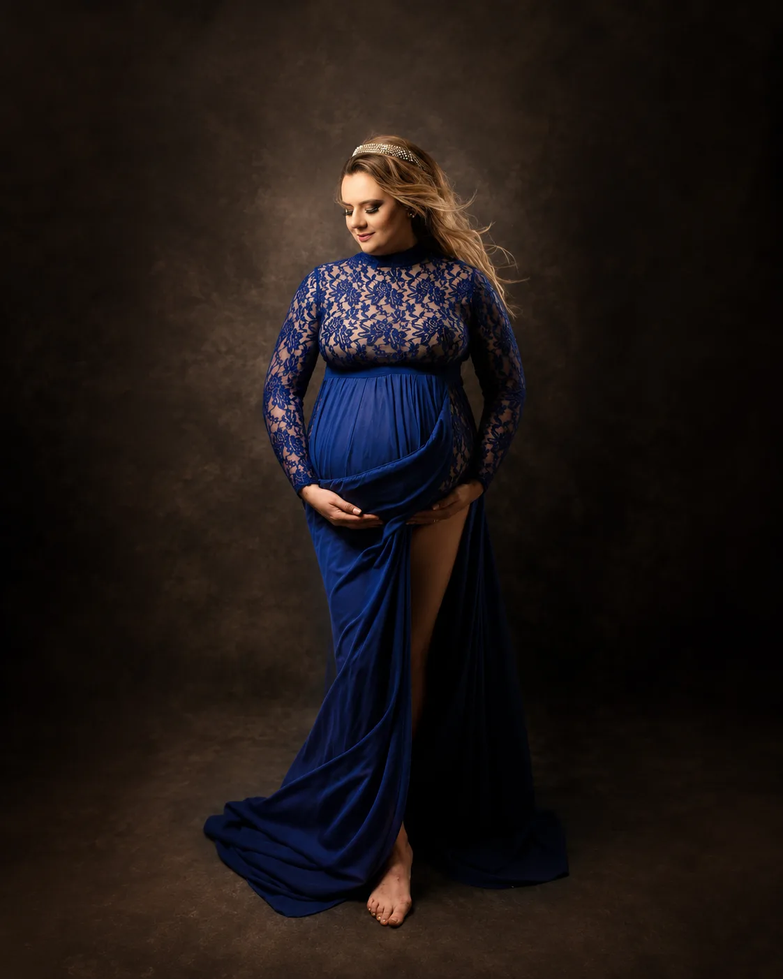 Maternity photoshoot makeup - glowing skin and royal blue lace gown by MZ Makeup Bedfordshire