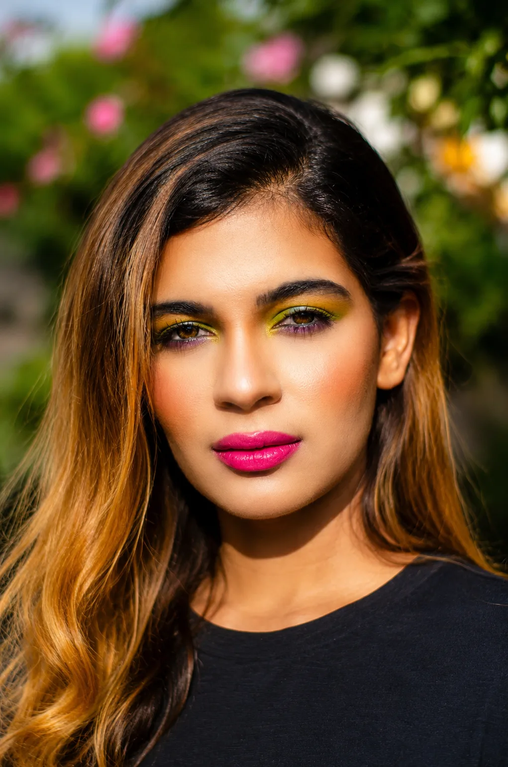 Bold editorial party makeup - lime green and purple split eyeshadow with vivid fuchsia lip by MZ Makeup