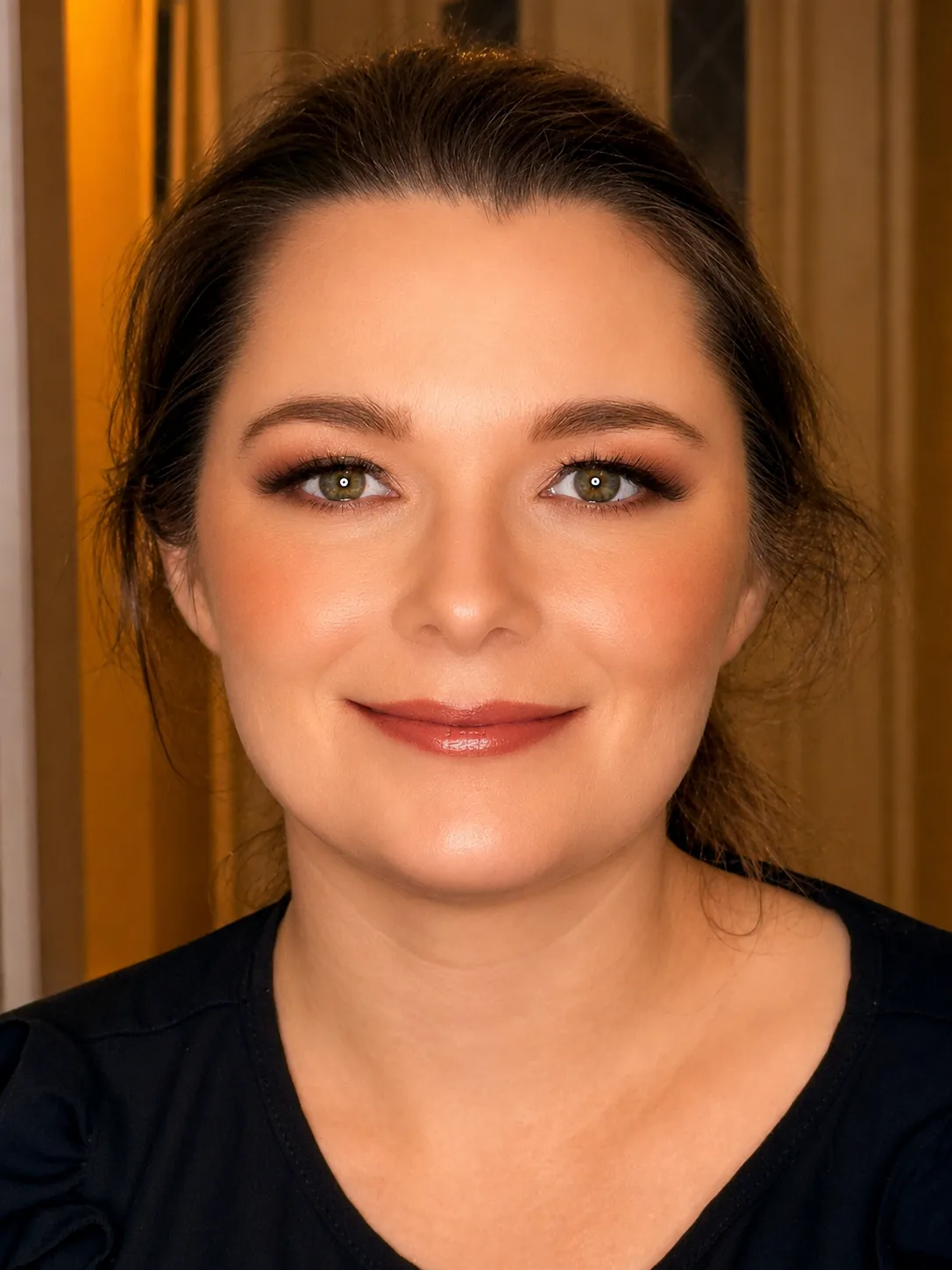 Party makeup - warm copper smoky eye and soft nude-rose lip with loose brunette updo by MZ Makeup