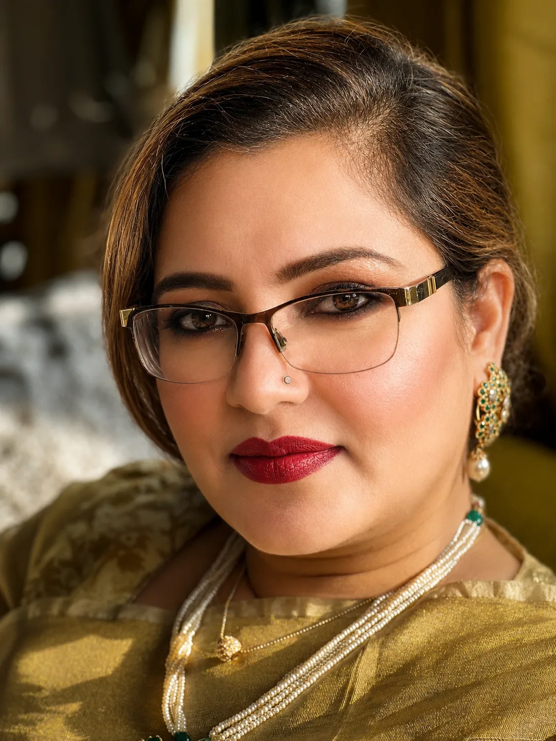 Traditional event makeup - classic liner, bold red lip, gold saree and pearl jewellery by MZ Makeup