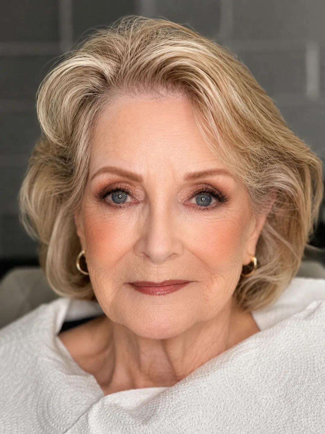 Elegant mature party makeup - soft champagne eye, berry-rose lip and silver-blonde bob by MZ Makeup