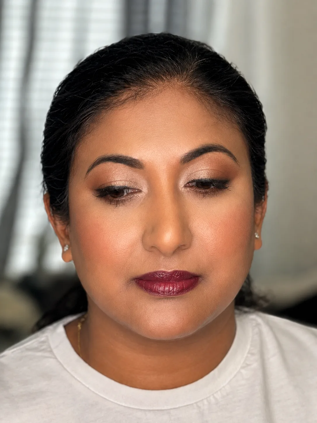 Party makeup - warm copper smoky eye and deep berry-burgundy lip by MZ Makeup Bedfordshire