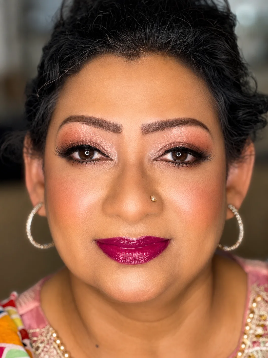 Party makeup - warm shimmer brown eye, bold fuchsia-magenta lip and gold hoop earrings by MZ Makeup