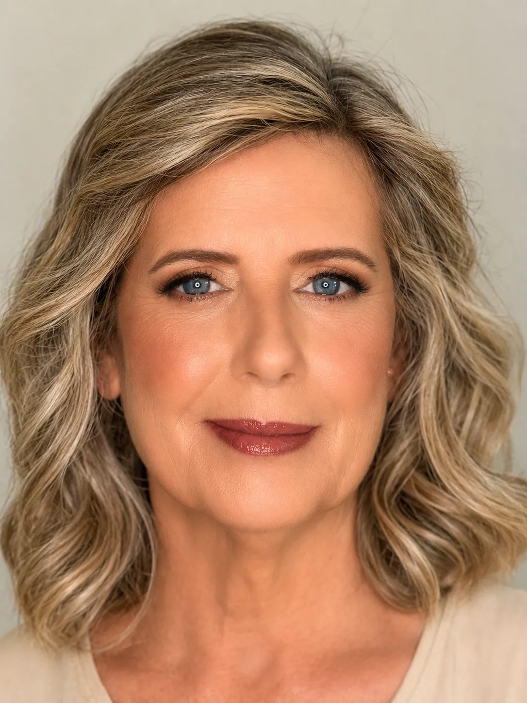 Mature party makeup - soft champagne eye, deep berry-red lip and silver-highlighted wavy hair by MZ Makeup