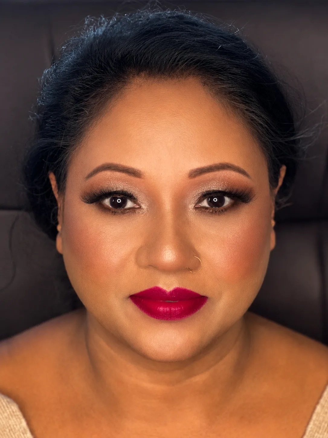 Glamorous party makeup for deep/dark skin - warm copper eye and bold fuchsia-red lip by MZ Makeup