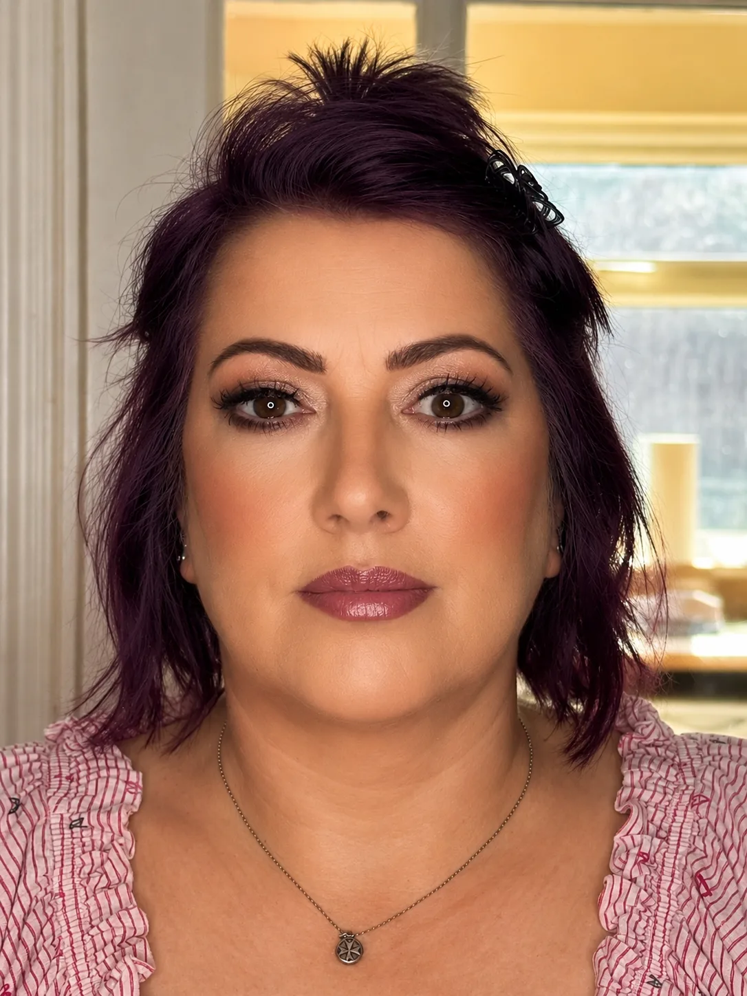 Party makeup - warm brown smoky eye and nude-mauve lip complementing vibrant purple hair by MZ Makeup
