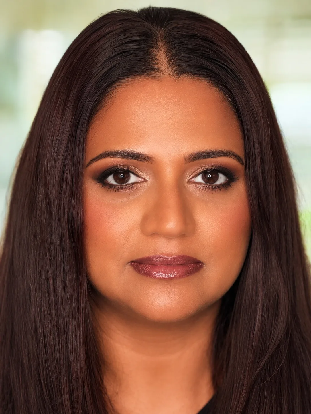 Party makeup - warm brown smoky eye and deep berry lip complementing dark wine-dyed hair by MZ Makeup