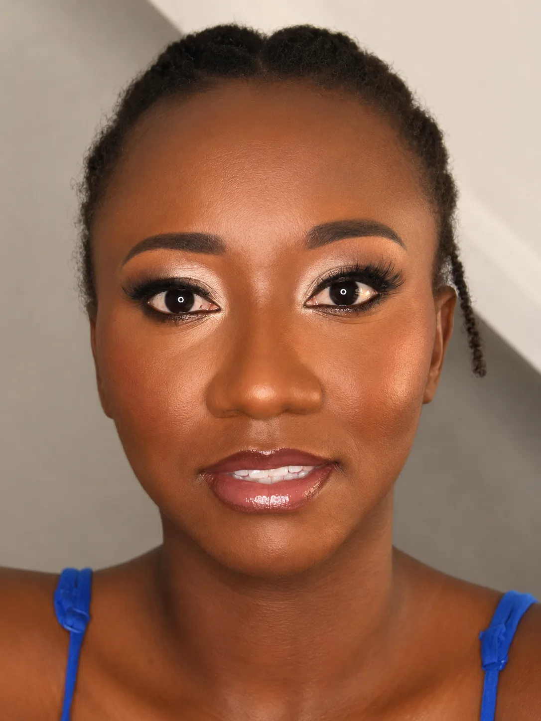 Party makeup for deep/dark skin - warm bronze eye, glossy soft pink lip and natural hair up by MZ Makeup