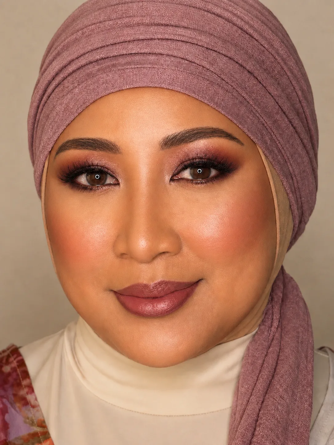 Party makeup - warm copper-burgundy smoky eye and mauve-nude lip by MZ Makeup Bedfordshire