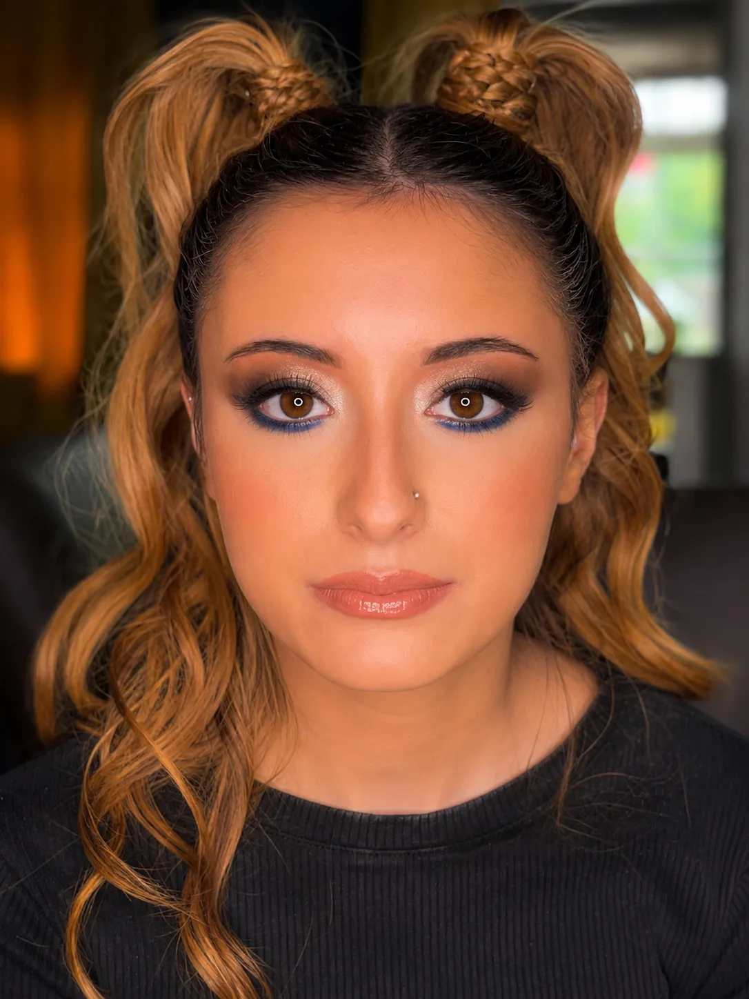 Prom makeup - bold blue and bronze smoky eye with double space bun hairstyle by MZ Makeup Bedfordshire