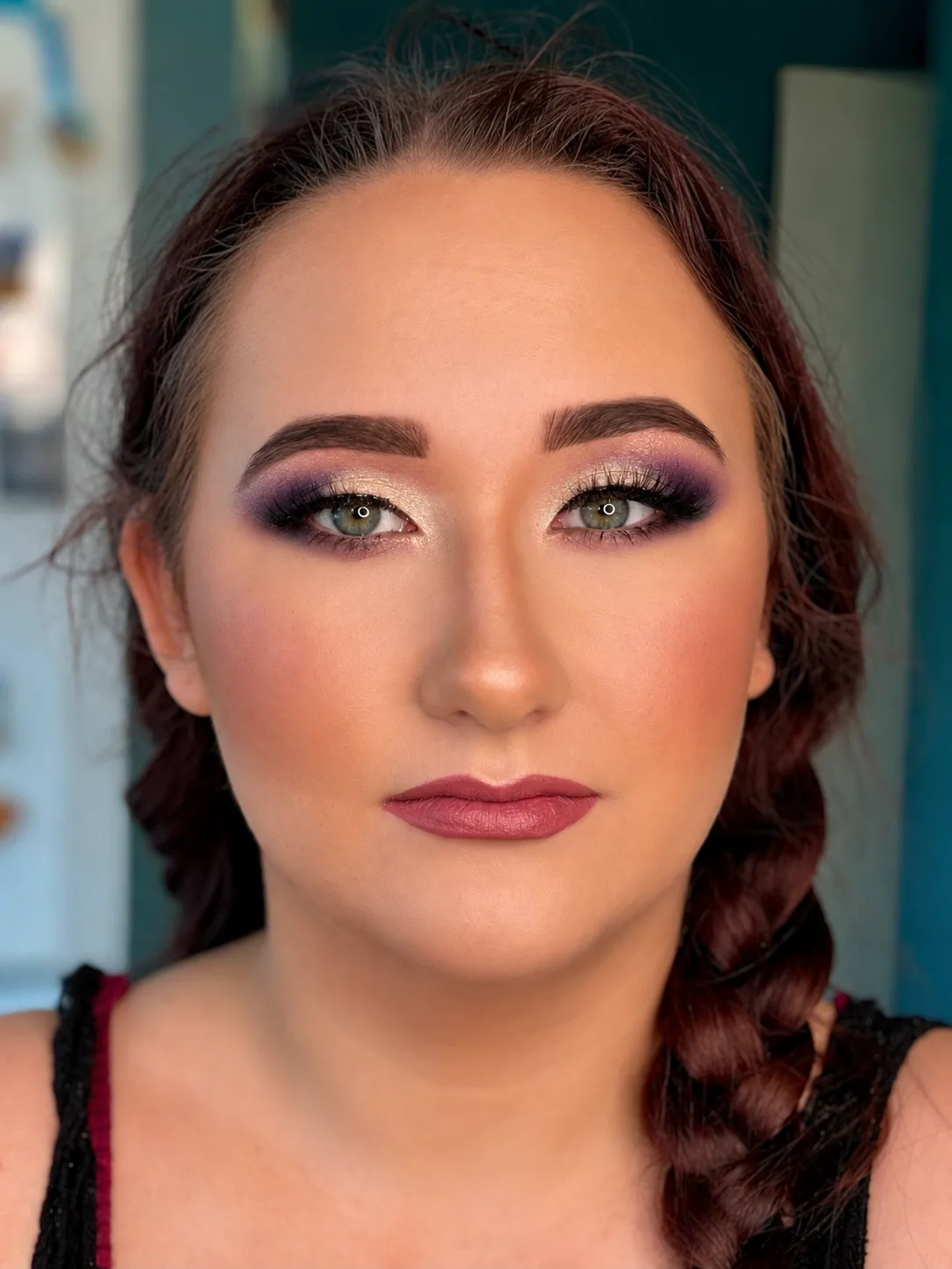 Prom makeup - deep plum and purple smoky eye with shimmer and rose-mauve lip by MZ Makeup