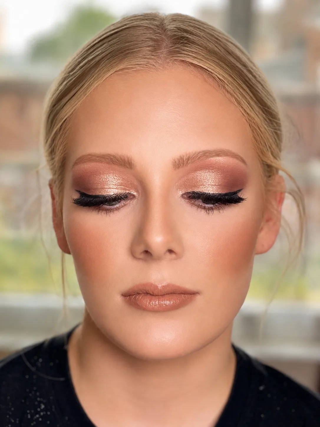 Prom makeup - rose gold cut crease, champagne shimmer lid and soft nude lip on blonde by MZ Makeup