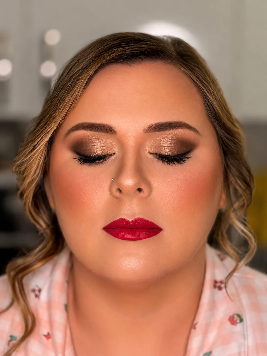 Champagne Cut Crease and Bold Red Lip Party Look by MZ Makeup Bedfordshire Party makeup, fair/light skin - champagne cut-crease eye and vivid deep red lip by MZ Makeup Bedfordshire