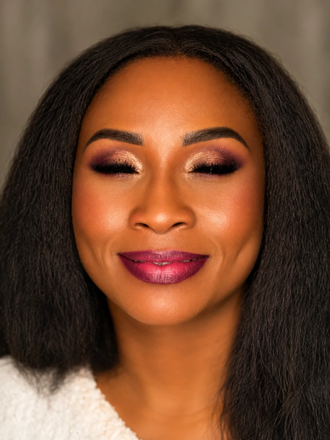Party Makeup - MZ Makeup Party makeup for deep/dark skin - warm copper-bronze smoky eye and deep berry-plum lip on long straight hair by MZ Makeup