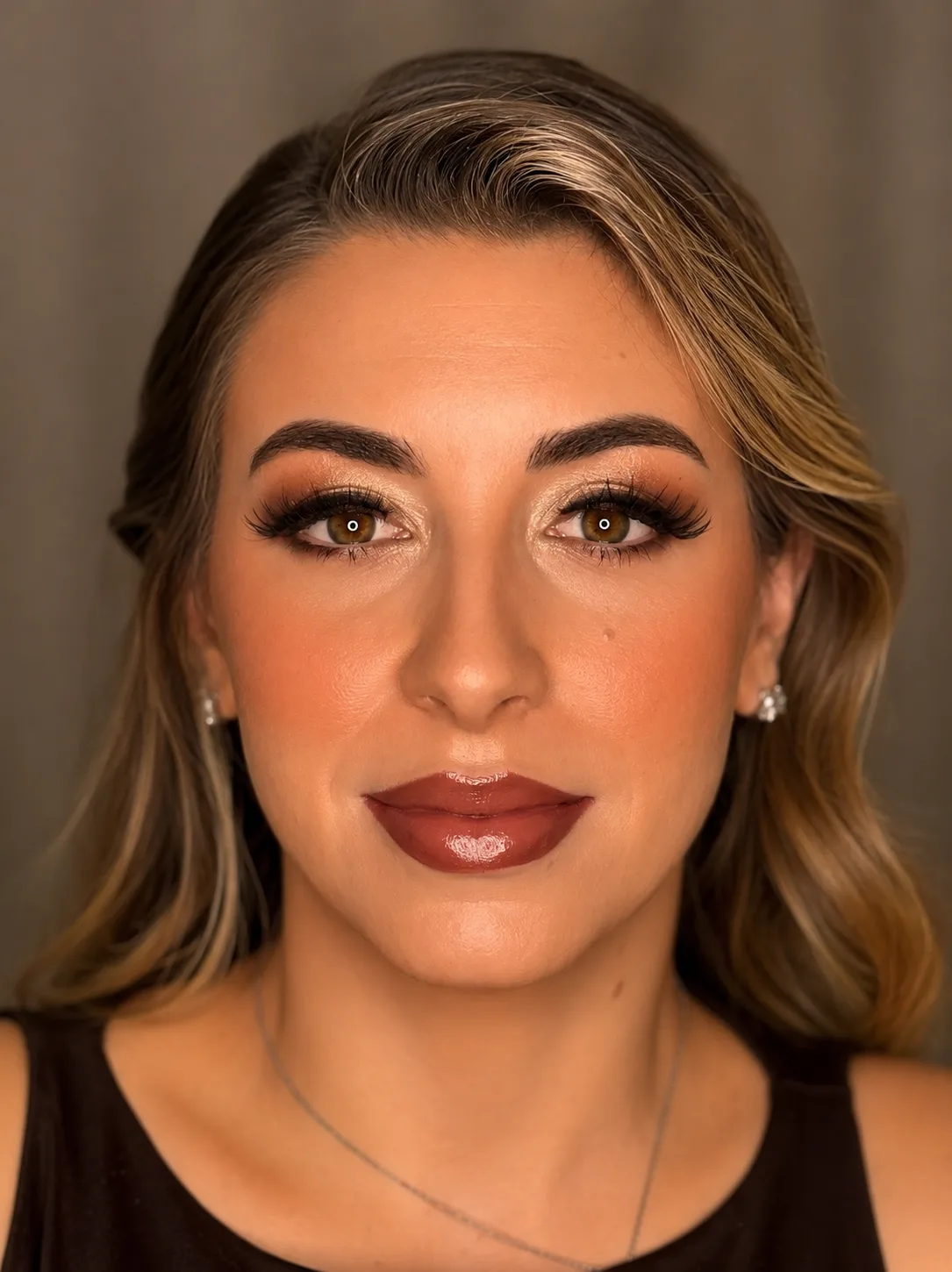 Party Makeup - MZ Makeup, Bedfordshire Party makeup - warm brown smoky eye, defined liner and deep berry-red lip on blonde highlighted hair by MZ Makeup Bedfordshire