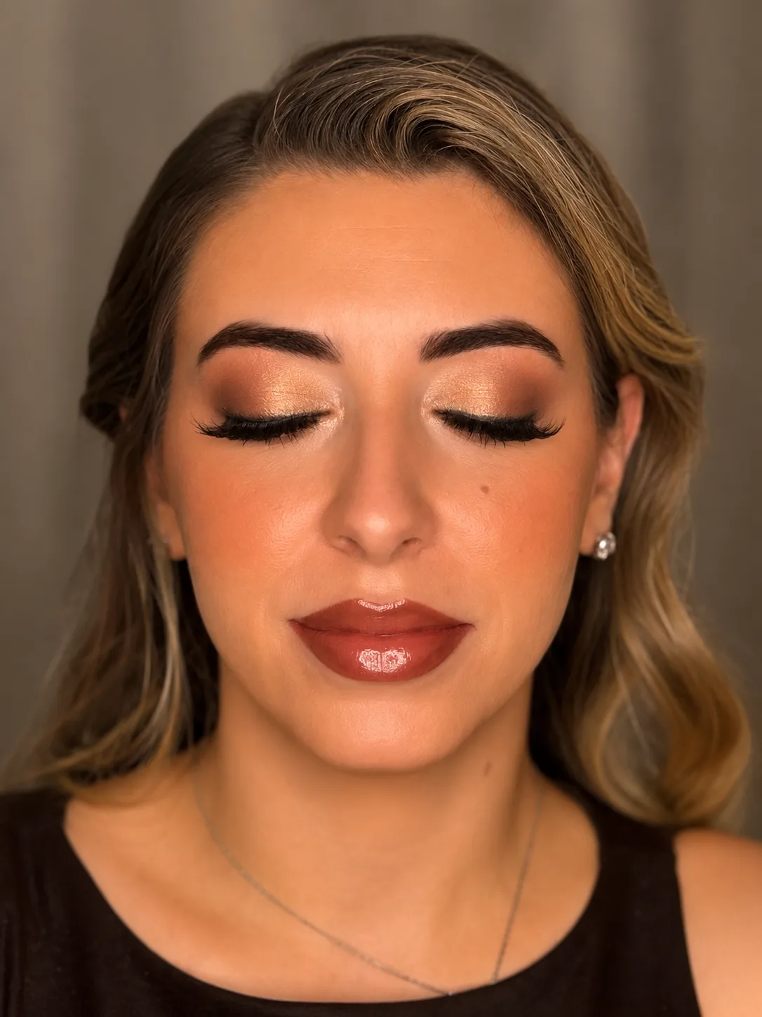 Birthday Party Makeup - MZ Makeup, Bedfordshire Mature party makeup - warm champagne eye, defined liner and soft mauve-rose lip on medium blonde layered hair by MZ Makeup Bedfordshire