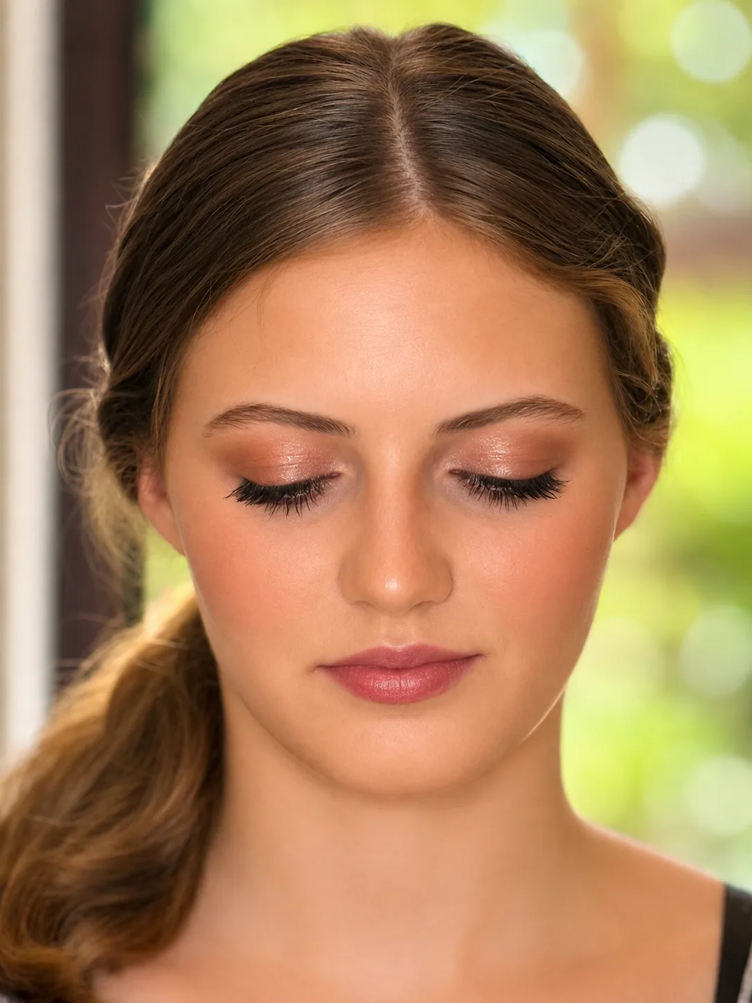 Prom Makeup - MZ Makeup, Bedfordshire Prom makeup eyes closed - rose-gold shimmer eye, dramatic lashes and soft berry-rose lip by MZ Makeup Bedfordshire