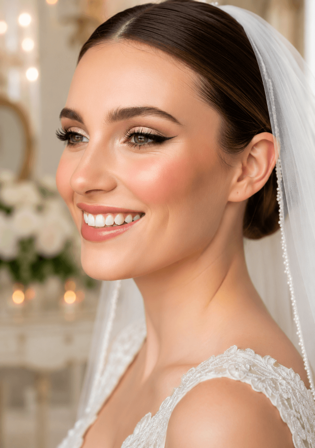 Soft romantic bridal makeup with a rose pink eye and glowing skin, model in a pearl-trimmed veil, by MZ Makeup