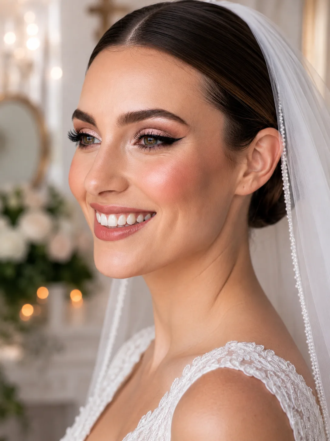 Soft romantic bridal makeup with a rose pink eye and glowing skin, model in a pearl-trimmed veil, by MZ Makeup