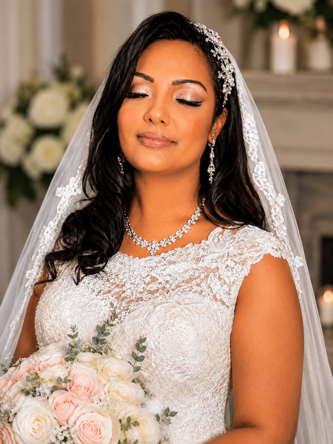 Champagne Shimmer Bridal Makeup | MZ Makeup Bedfordshire Bridal makeup with champagne shimmer eyes, fluttery lashes and glossy nude-pink lip on bride with veil and bouquet by MZ Makeup Bedfordshire