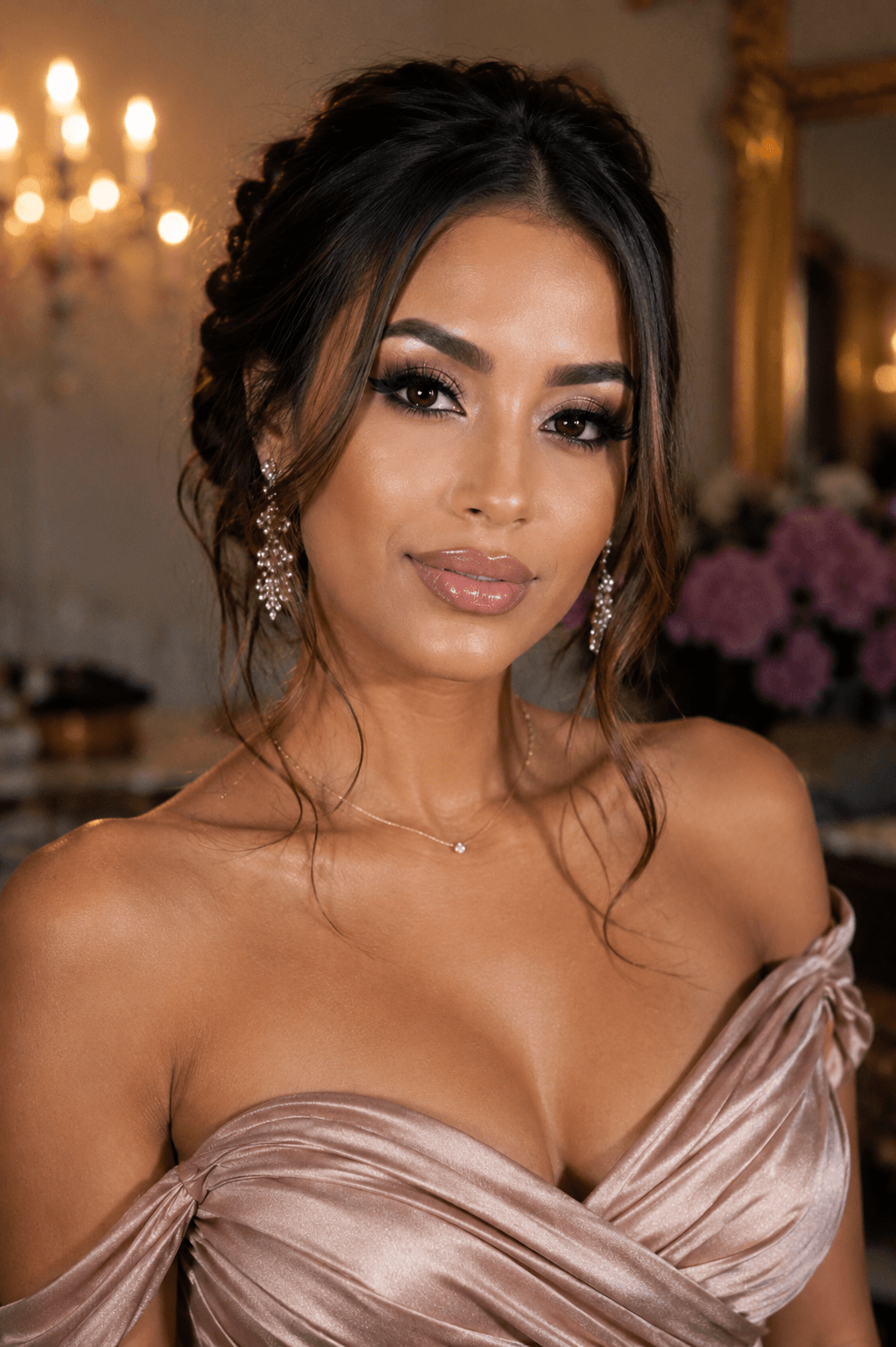 Full glam party makeup with a bronze smoky eye and glossy lip, model in an elegant evening gown, by MZ Makeup