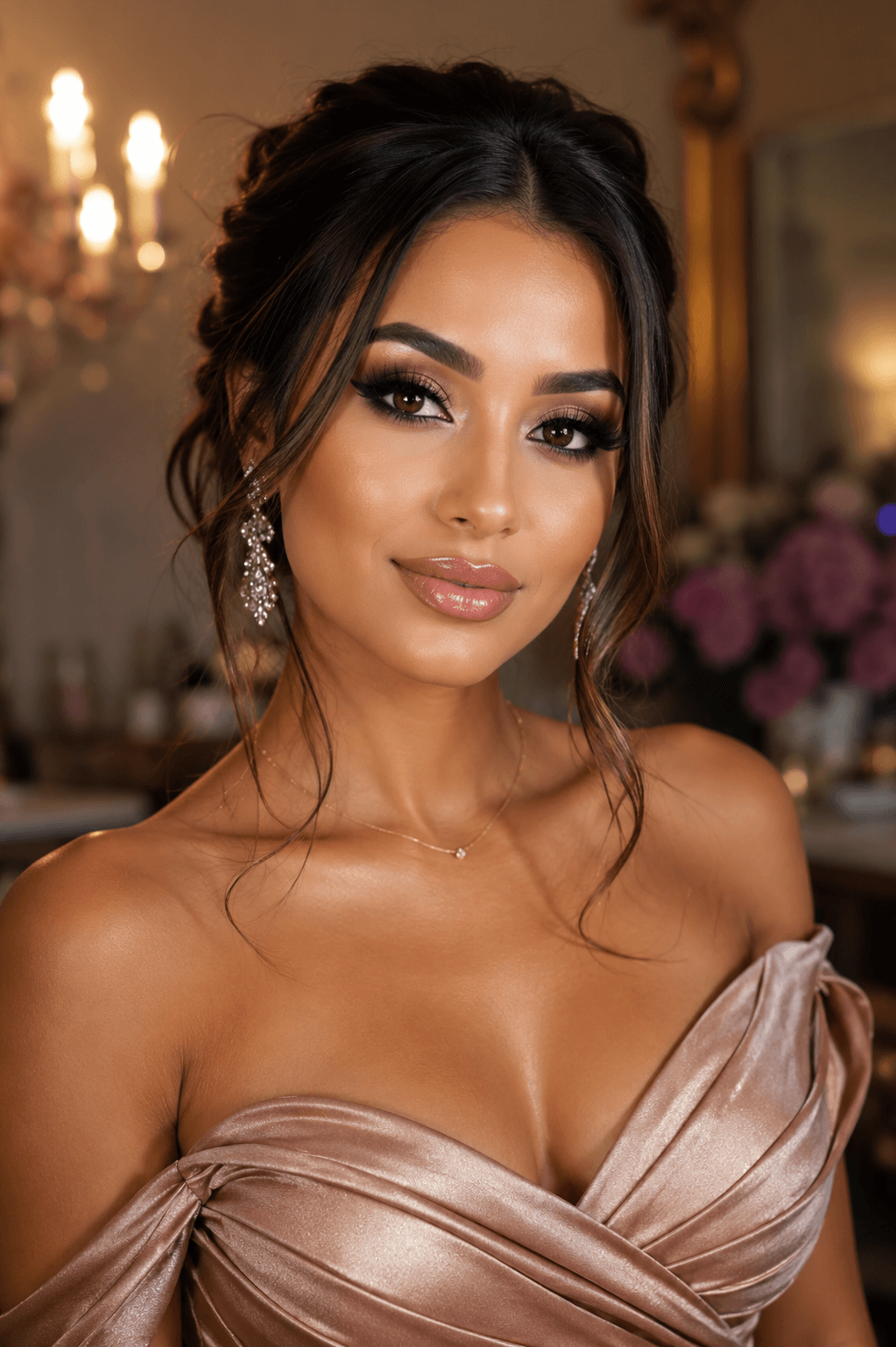 Full glam party makeup with a bronze smoky eye and glossy lip, model in an elegant evening gown, by MZ Makeup