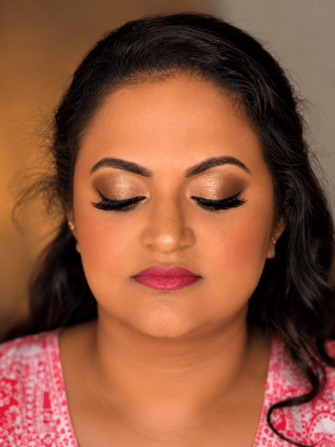 Bronze Shimmer Eye Detail Party Makeup | MZ Makeup Hertfordshire Party makeup eyes closed showing warm bronze shimmer eye and berry-pink lip by MZ Makeup Hertfordshire