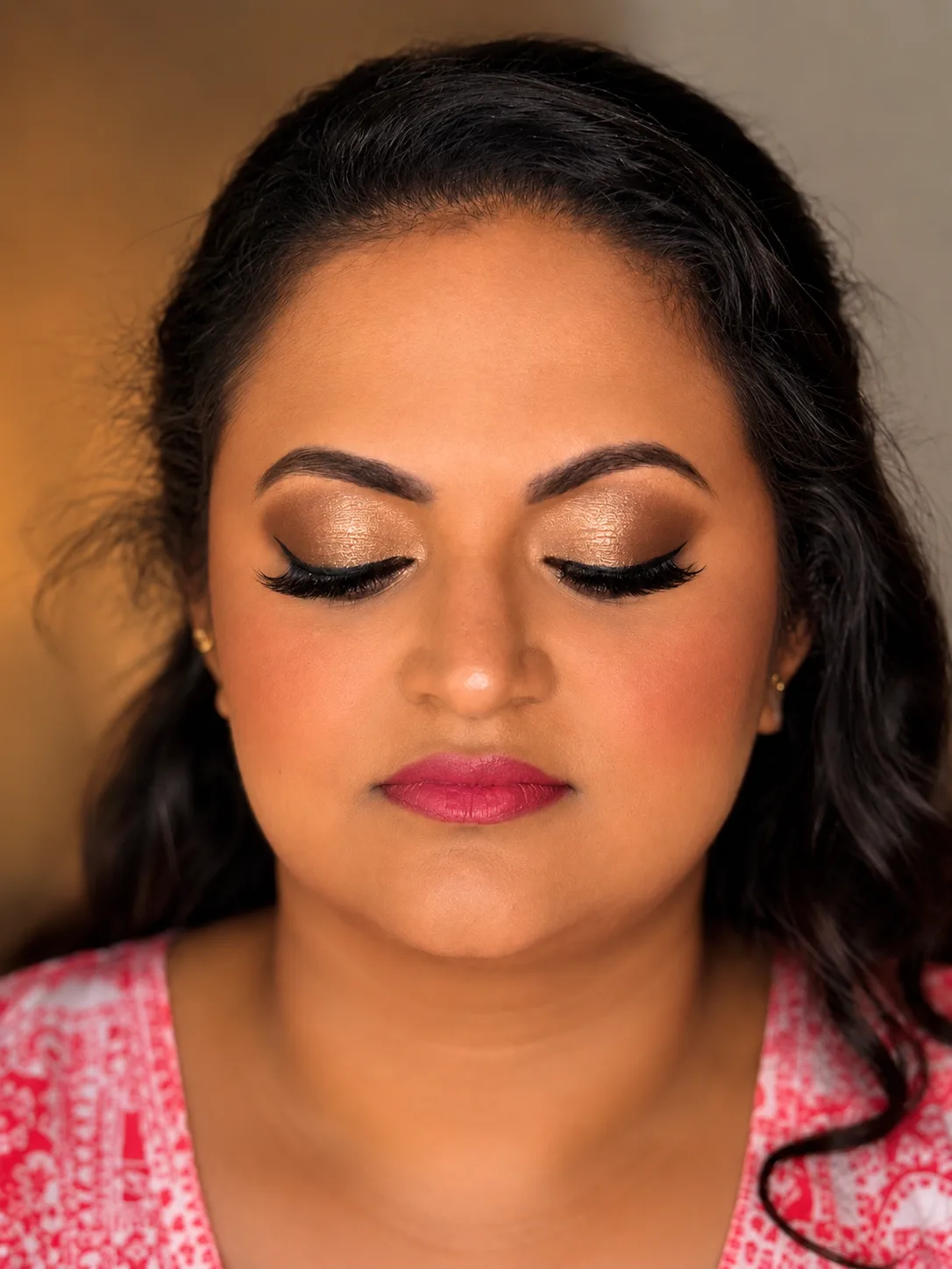 Bronze Shimmer Eye Detail Party Makeup | MZ Makeup Hertfordshire Party makeup eyes closed showing warm bronze shimmer eye and berry-pink lip by MZ Makeup Hertfordshire