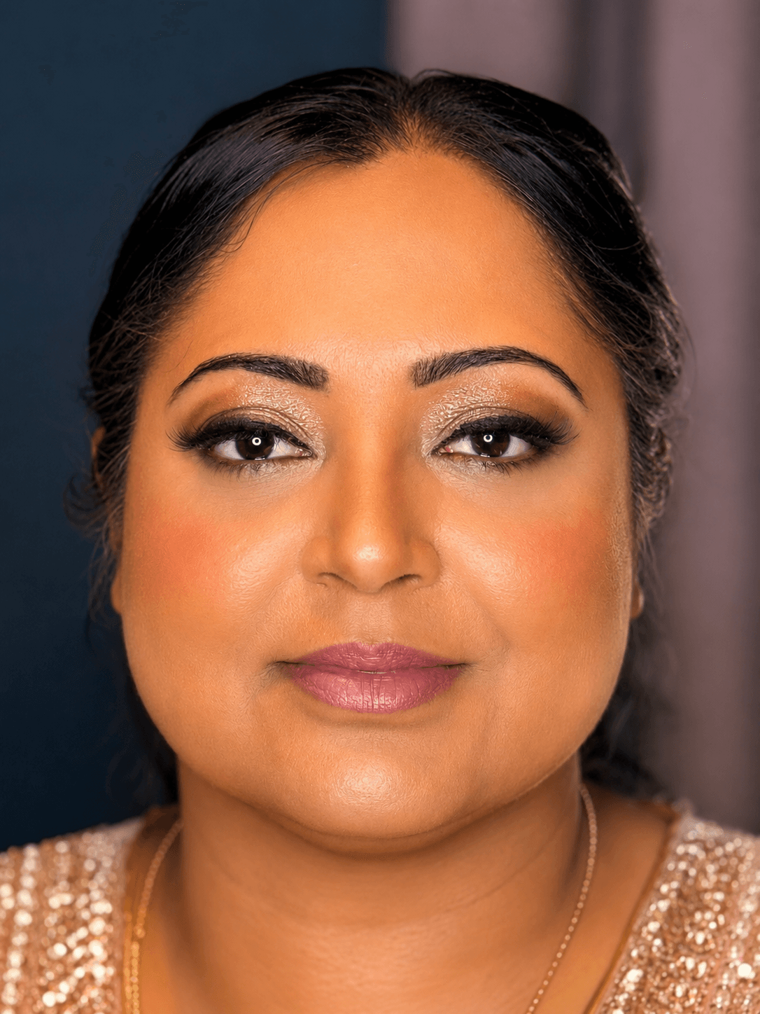 Gold Shimmer Eye and Mauve Lip Party Makeup by MZ Makeup Bedfordshire Party makeup, medium/tan skin - warm gold shimmer eye and mauve lip with gold sequined top by MZ Makeup