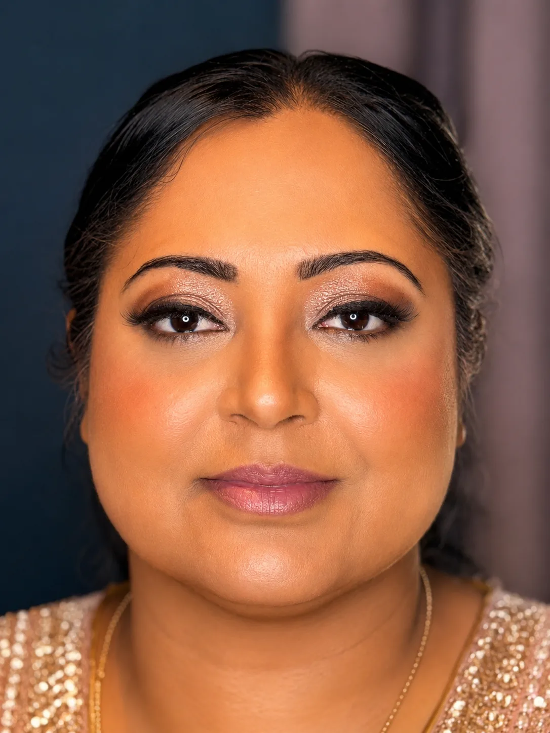 Gold Shimmer Eye and Mauve Lip Party Makeup by MZ Makeup Bedfordshire Party makeup, medium/tan skin - warm gold shimmer eye and mauve lip with gold sequined top by MZ Makeup
