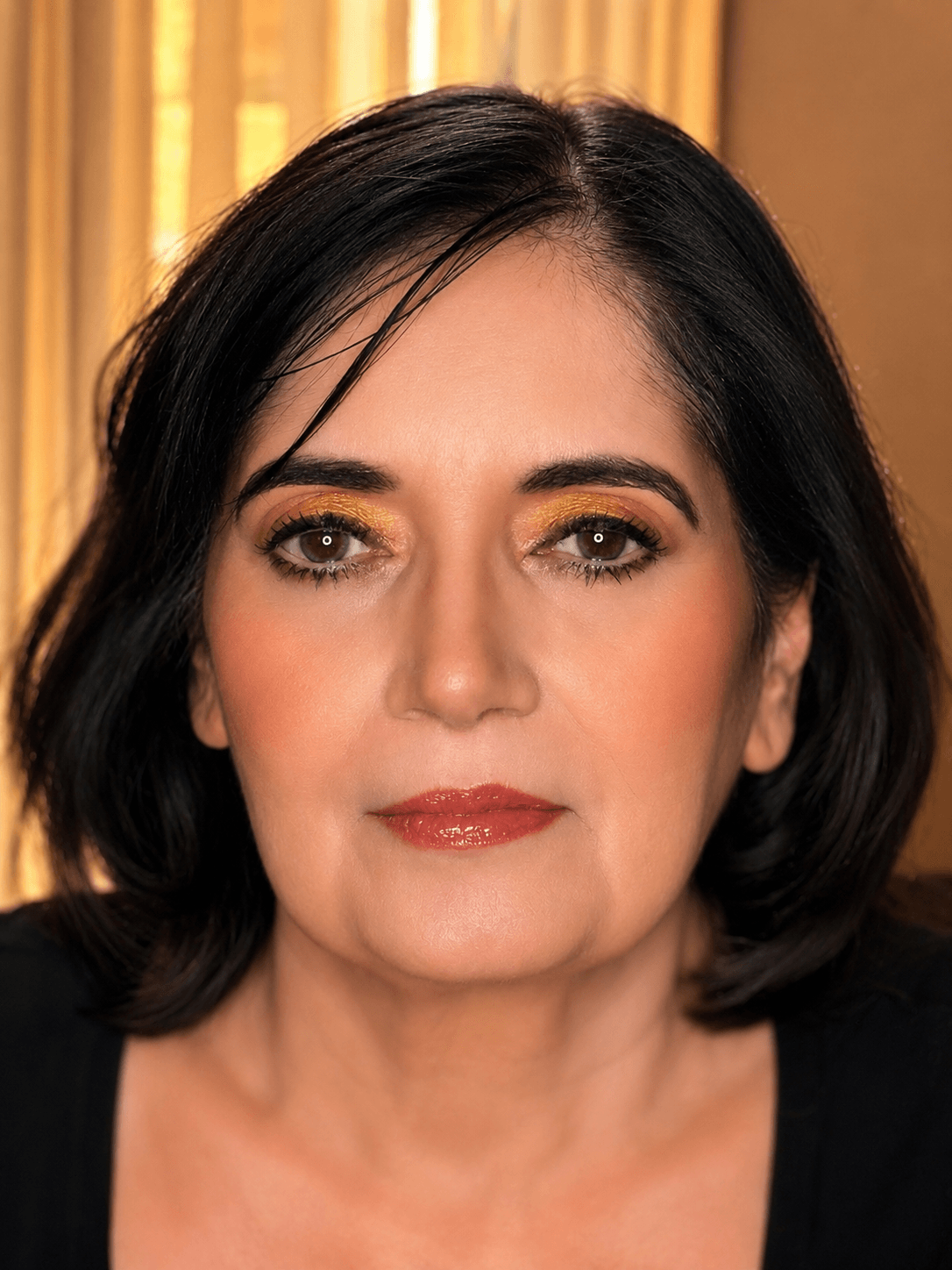 Marigold Eye and Red Lip Party Makeup - MZ Makeup Bedfordshire Mature party makeup - warm marigold eye, black winged liner and bold red-orange lip by MZ Makeup