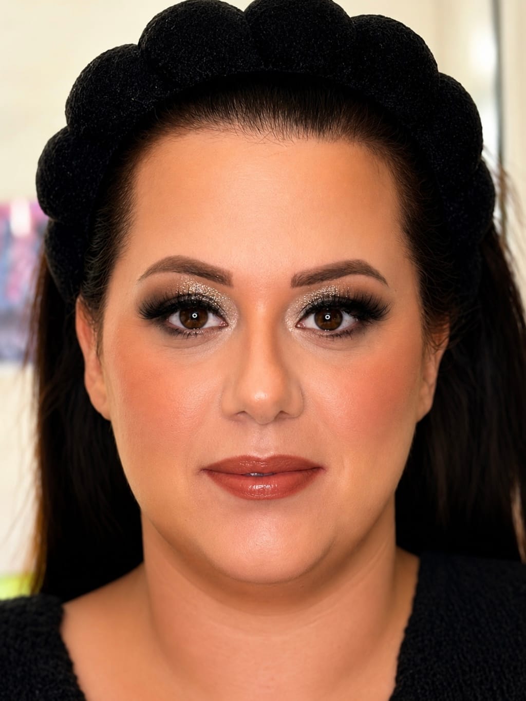 Taupe Shimmer Eye and Terracotta Lip Party Makeup - MZ Makeup Bedfordshire Party makeup - shimmery taupe eye and warm terracotta lip on model wearing a headband by MZ Makeup