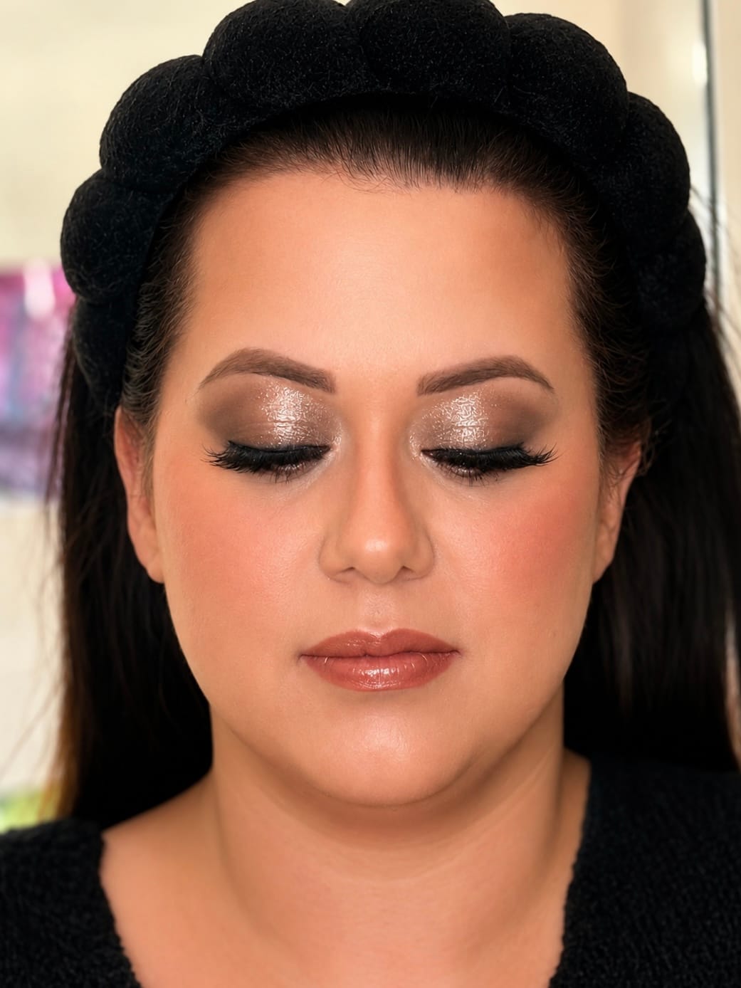 Taupe Shimmer Eye Party Makeup Close Up - MZ Makeup Bedfordshire Party makeup eyes closed - shimmery taupe eye and warm terracotta lip by MZ Makeup