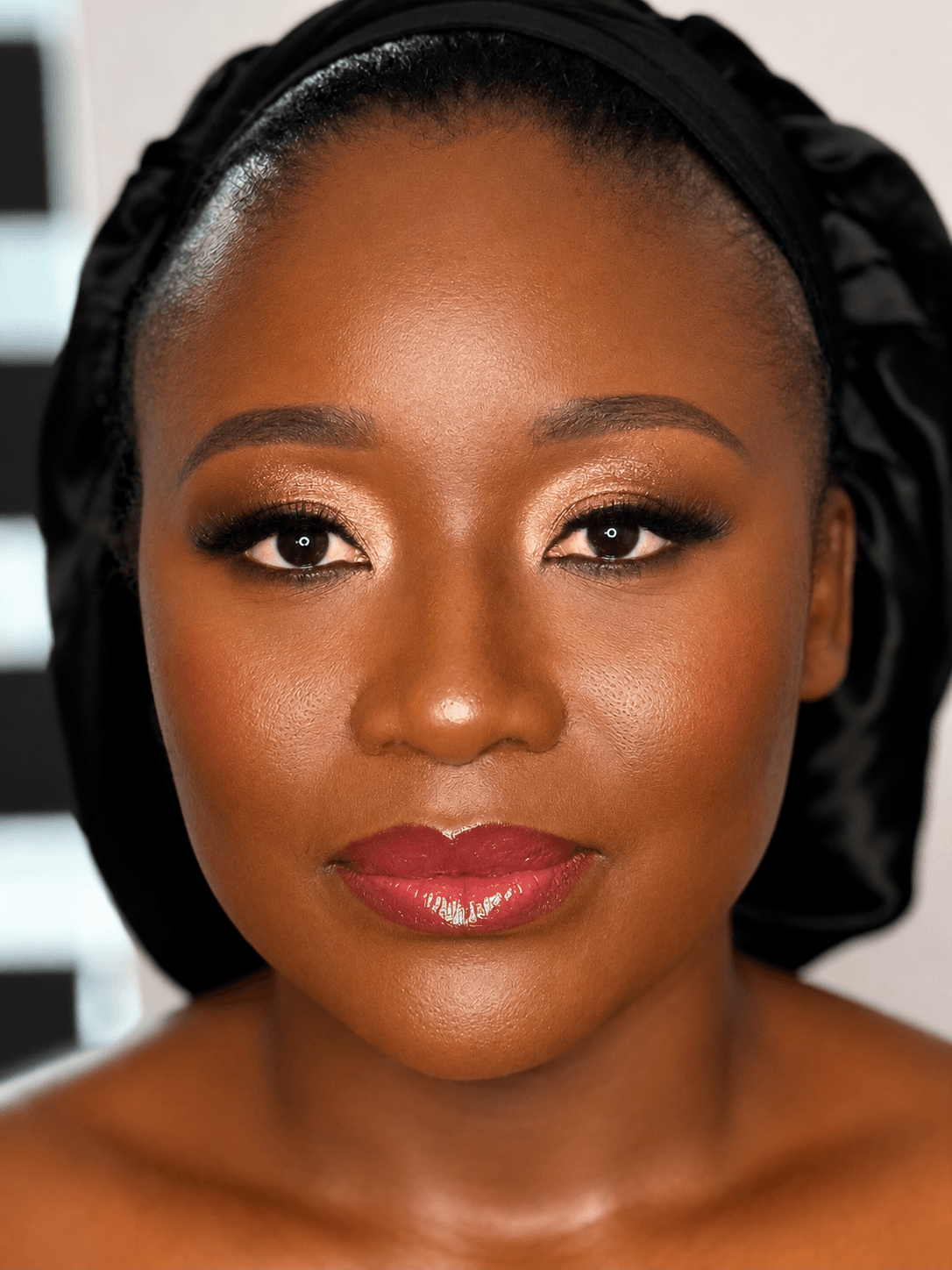Gold Shimmer Eye and Berry Lip Party Makeup - MZ Makeup Bedfordshire Party makeup, deep/dark skin - warm gold shimmer eye and glossy berry lip with satin headscarf by MZ Makeup