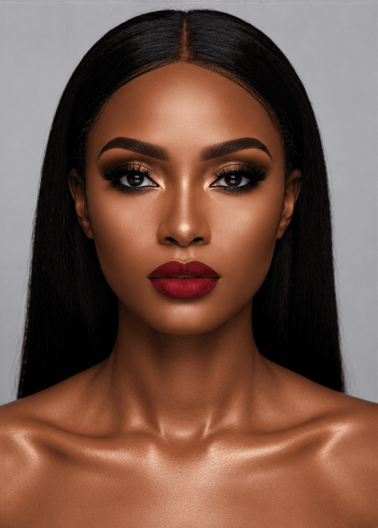 Full glam makeup transformation on deep skin tone with bronze smoky eyes and a bold berry lip by MZ Makeup