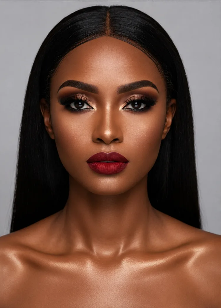 Full glam makeup transformation on deep skin tone with bronze smoky eyes and a bold berry lip by MZ Makeup