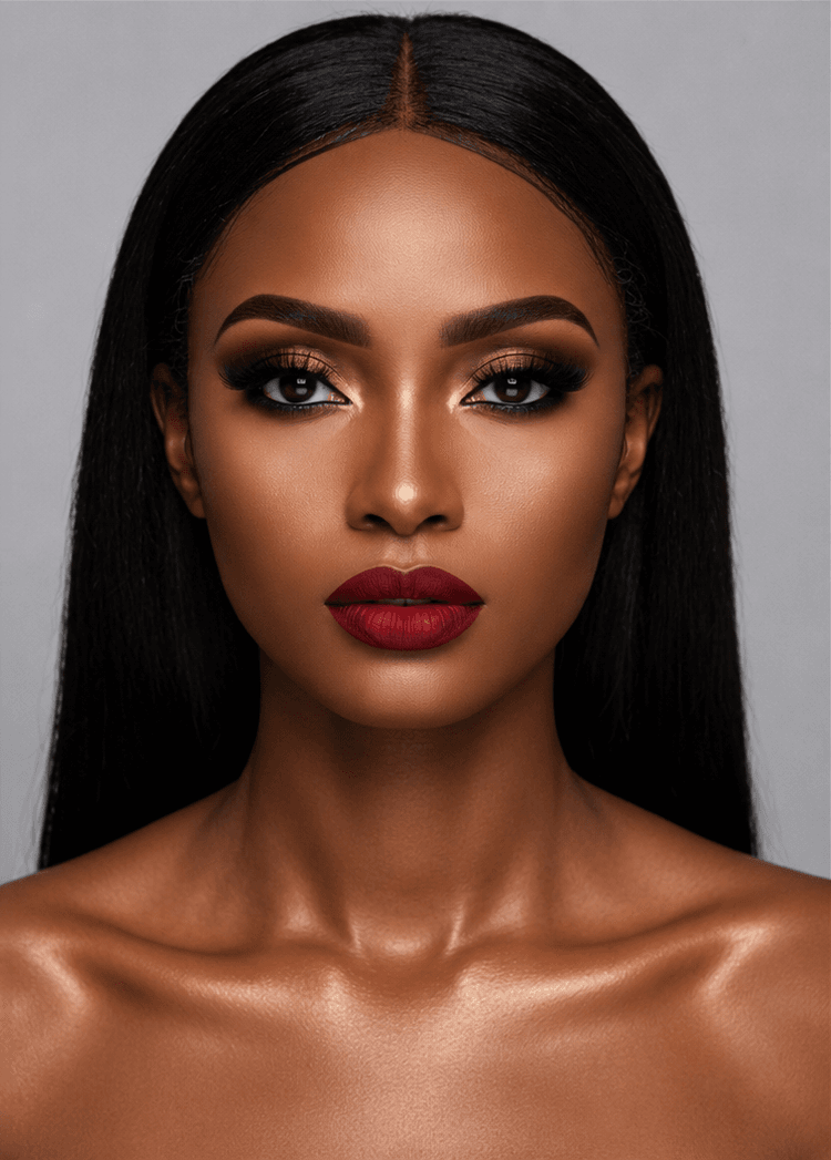 Full glam makeup transformation on deep skin tone with bronze smoky eyes and a bold berry lip by MZ Makeup