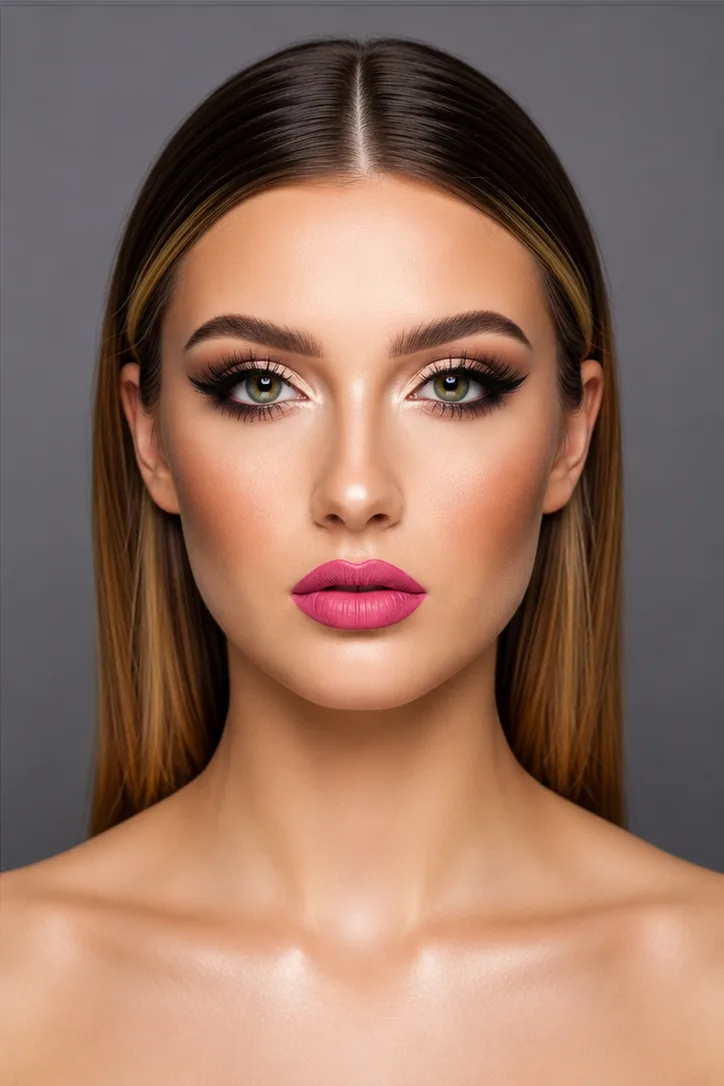 Full glam makeup transformation on fair skin tone with smoky bronze eyes and a bold pink lip by MZ Makeup