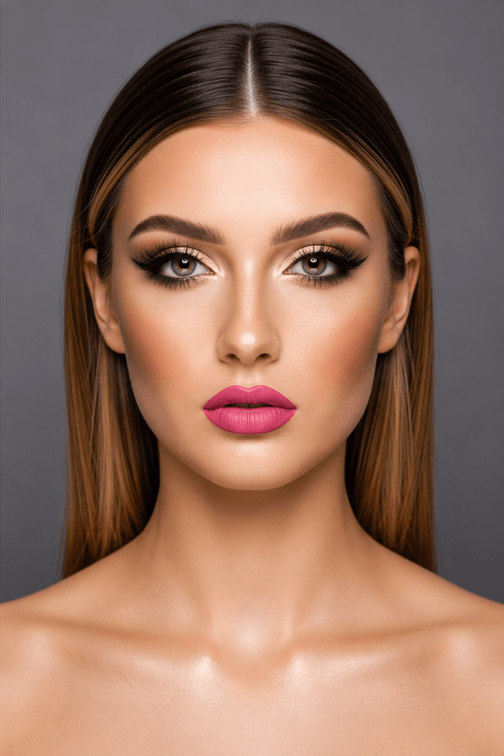 Full glam makeup transformation on fair skin tone with smoky bronze eyes and a bold pink lip by MZ Makeup