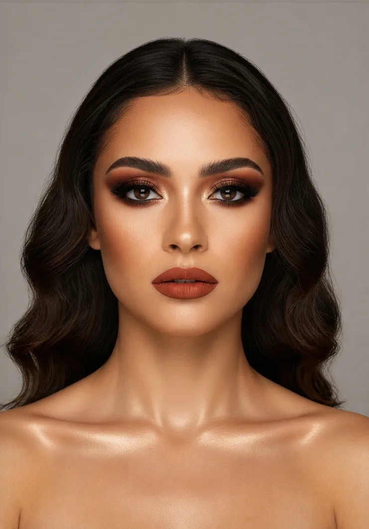 Full glam makeup transformation on medium skin tone with warm bronze eyes and a terracotta lip by MZ Makeup