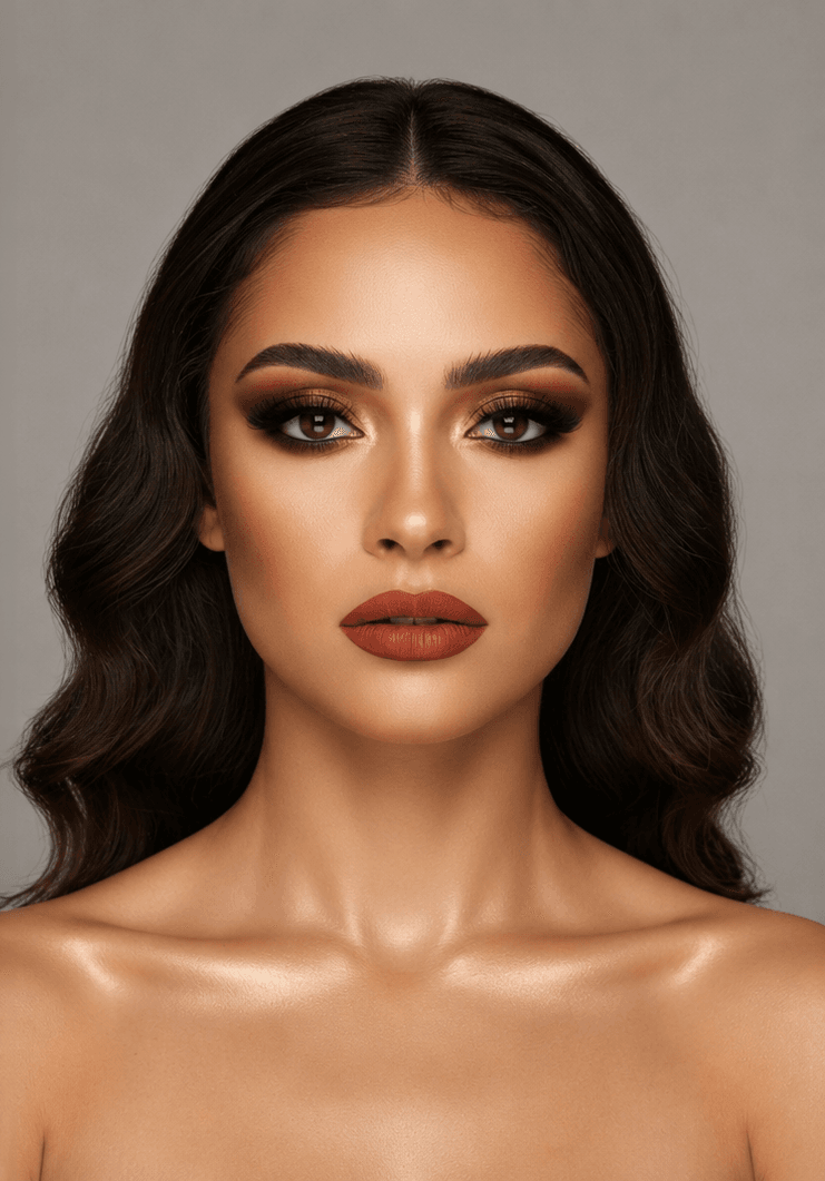 Full glam makeup transformation on medium skin tone with warm bronze eyes and a terracotta lip by MZ Makeup