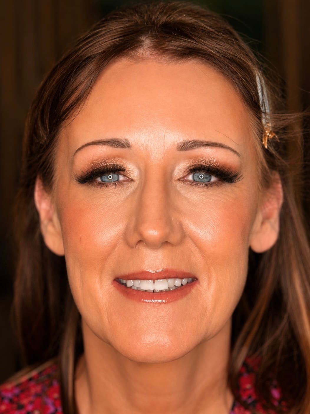 Bronze Shimmer Eye Party Makeup - MZ Makeup Bedfordshire Mature party makeup - warm bronze shimmer eye and glossy brick-red lip by MZ Makeup
