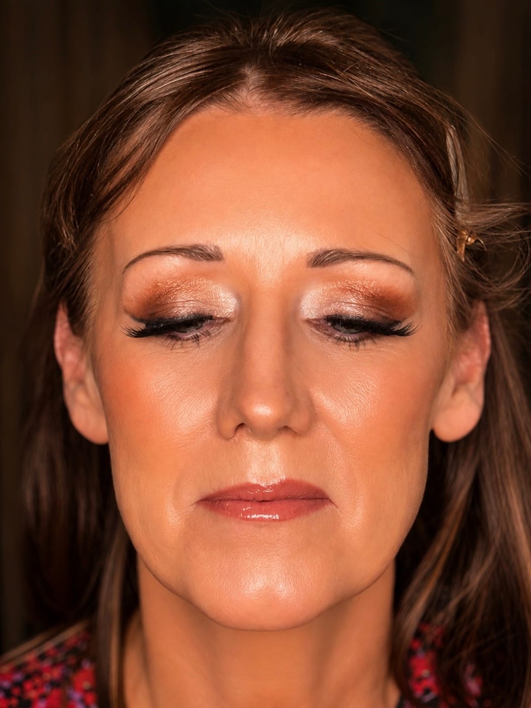 Bronze Shimmer Eye Party Makeup Close Up - MZ Makeup Bedfordshire Party makeup eyes closed, mature skin - warm bronze shimmer eye and glossy brick-red lip by MZ Makeup
