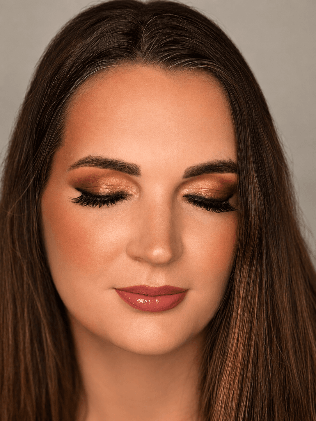 Terracotta Shimmer Eye Party Makeup Close Up - MZ Makeup Bedfordshire Party makeup eyes closed - warm terracotta shimmer eye and glossy rosy-red lip by MZ Makeup