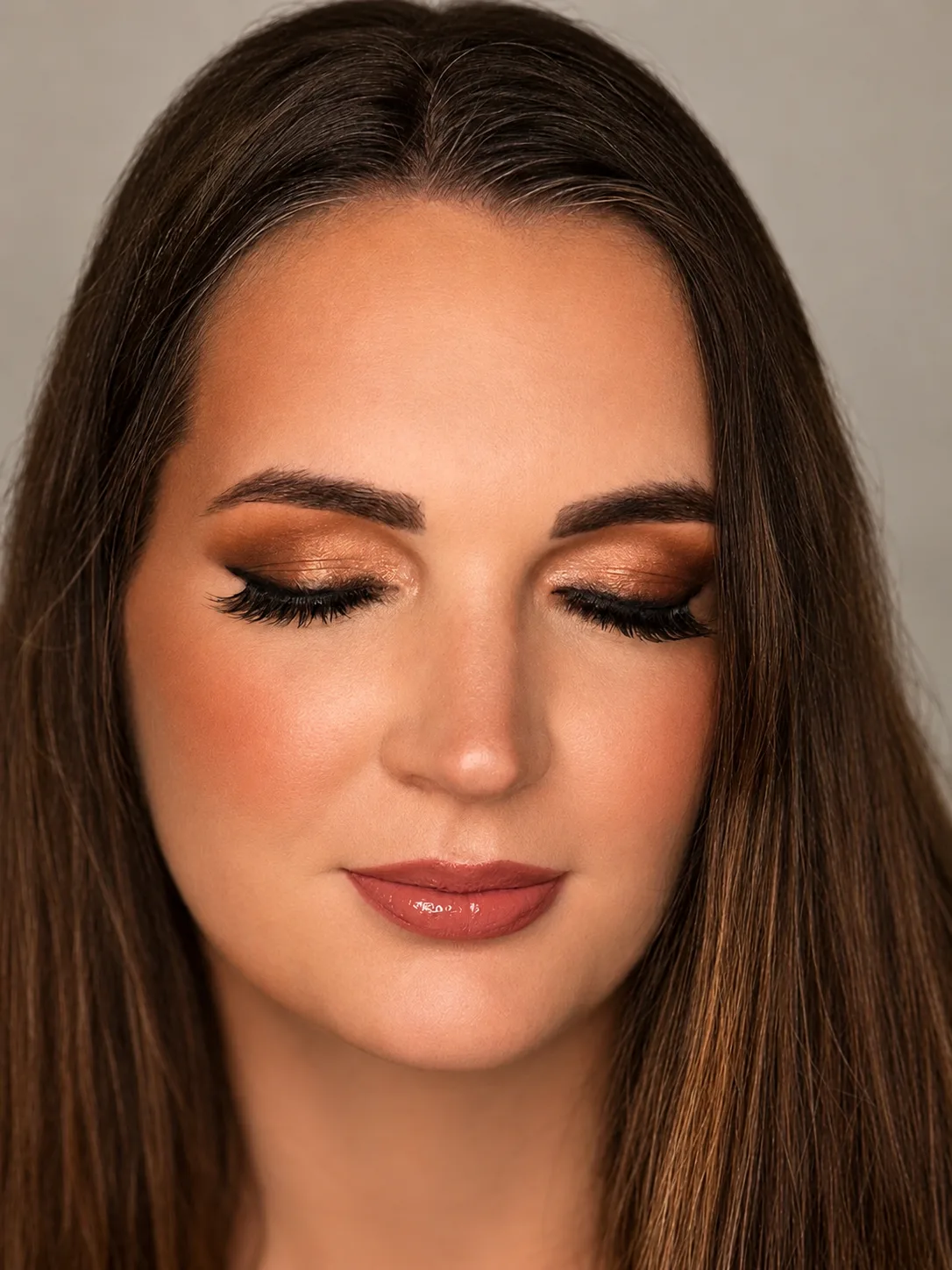 Terracotta Shimmer Eye Party Makeup Close Up - MZ Makeup Bedfordshire Party makeup eyes closed - warm terracotta shimmer eye and glossy rosy-red lip by MZ Makeup
