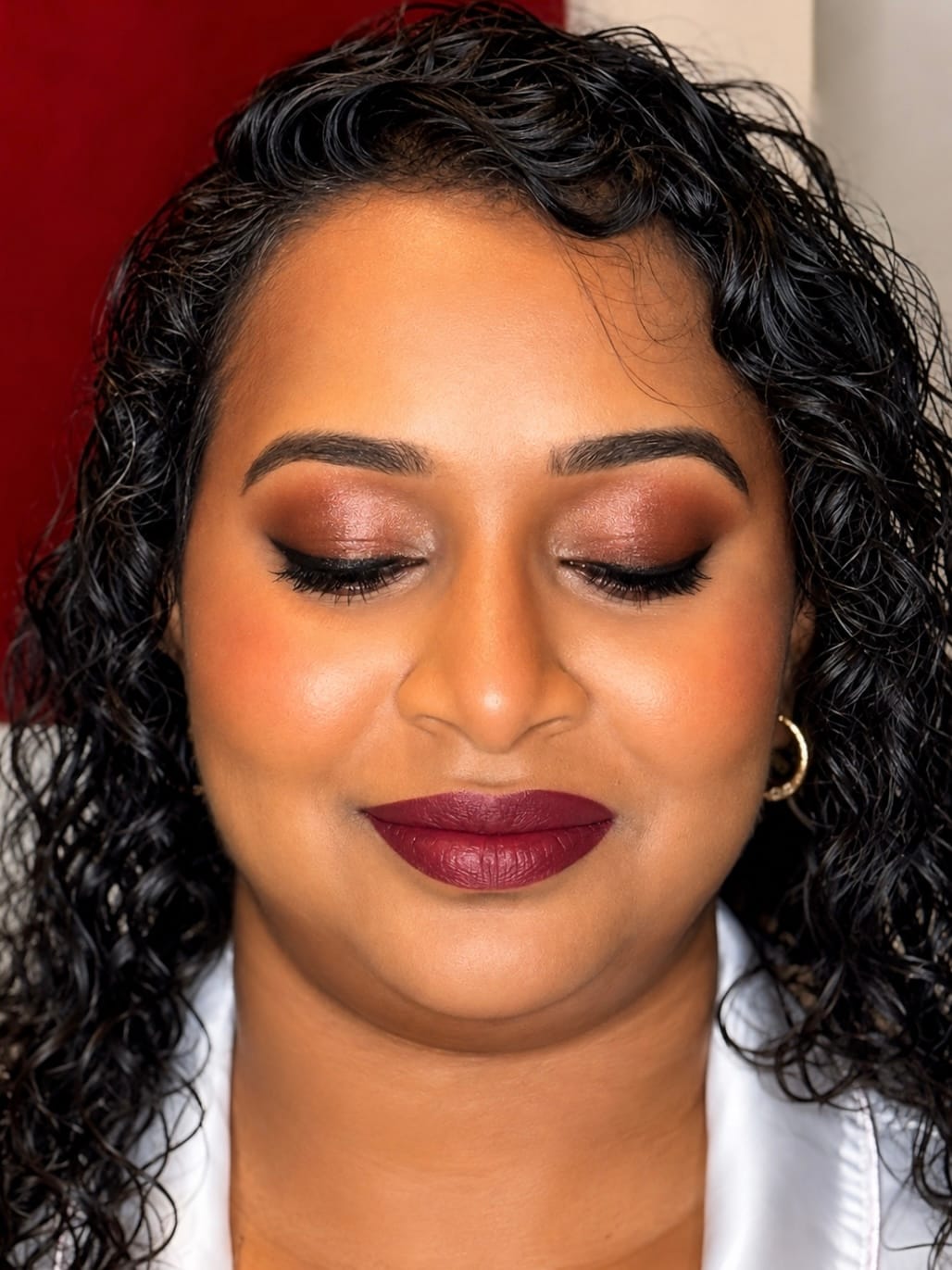 Chestnut Shimmer Eye Party Makeup Close Up - MZ Makeup Bedfordshire Party makeup eyes closed - warm chestnut shimmer eye and glossy berry lip by MZ Makeup